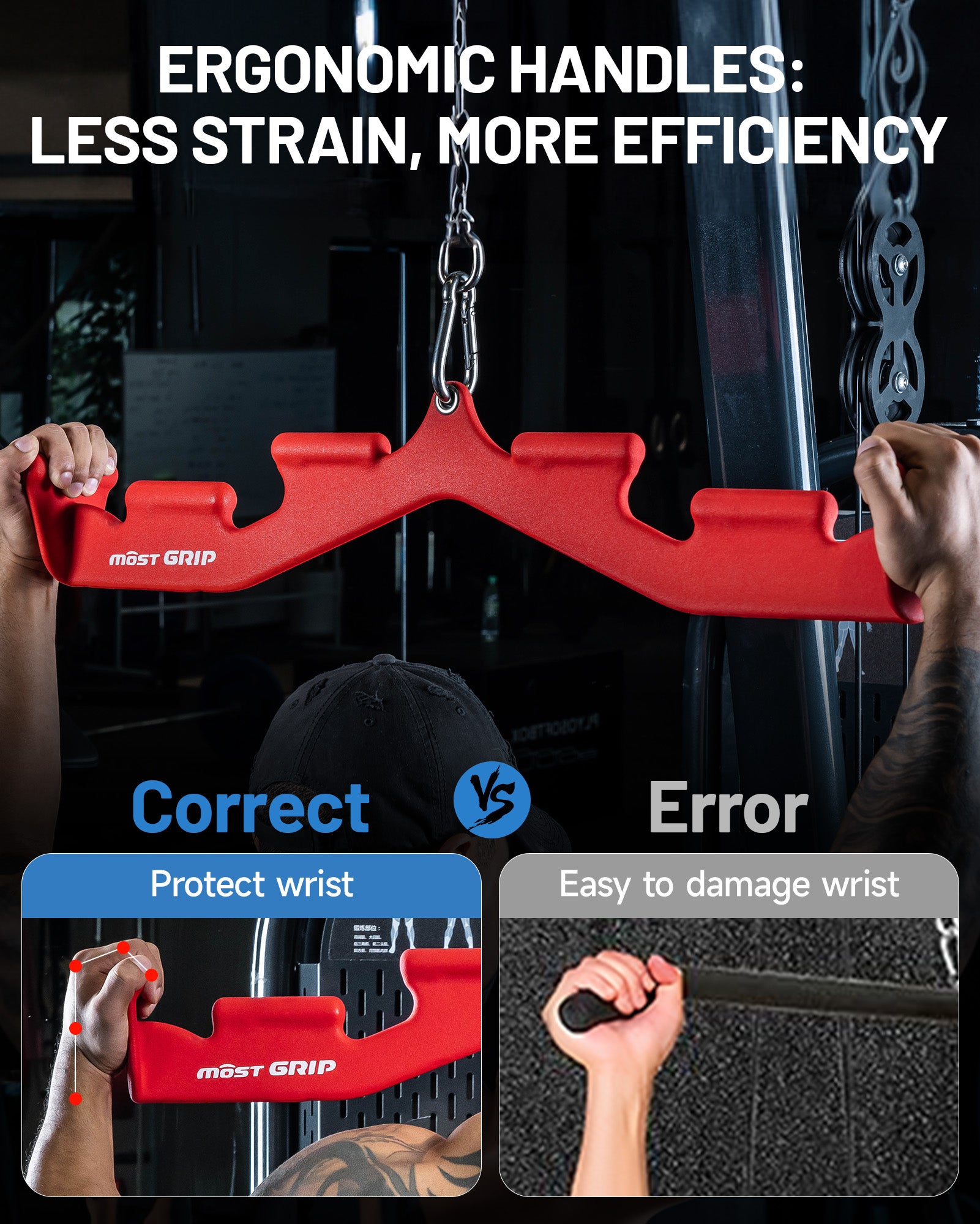 MOST GRIP Multi-Grip LAT Pulldown Bar – Ergonomic Handles, Heavy-Duty Back Training Attachment