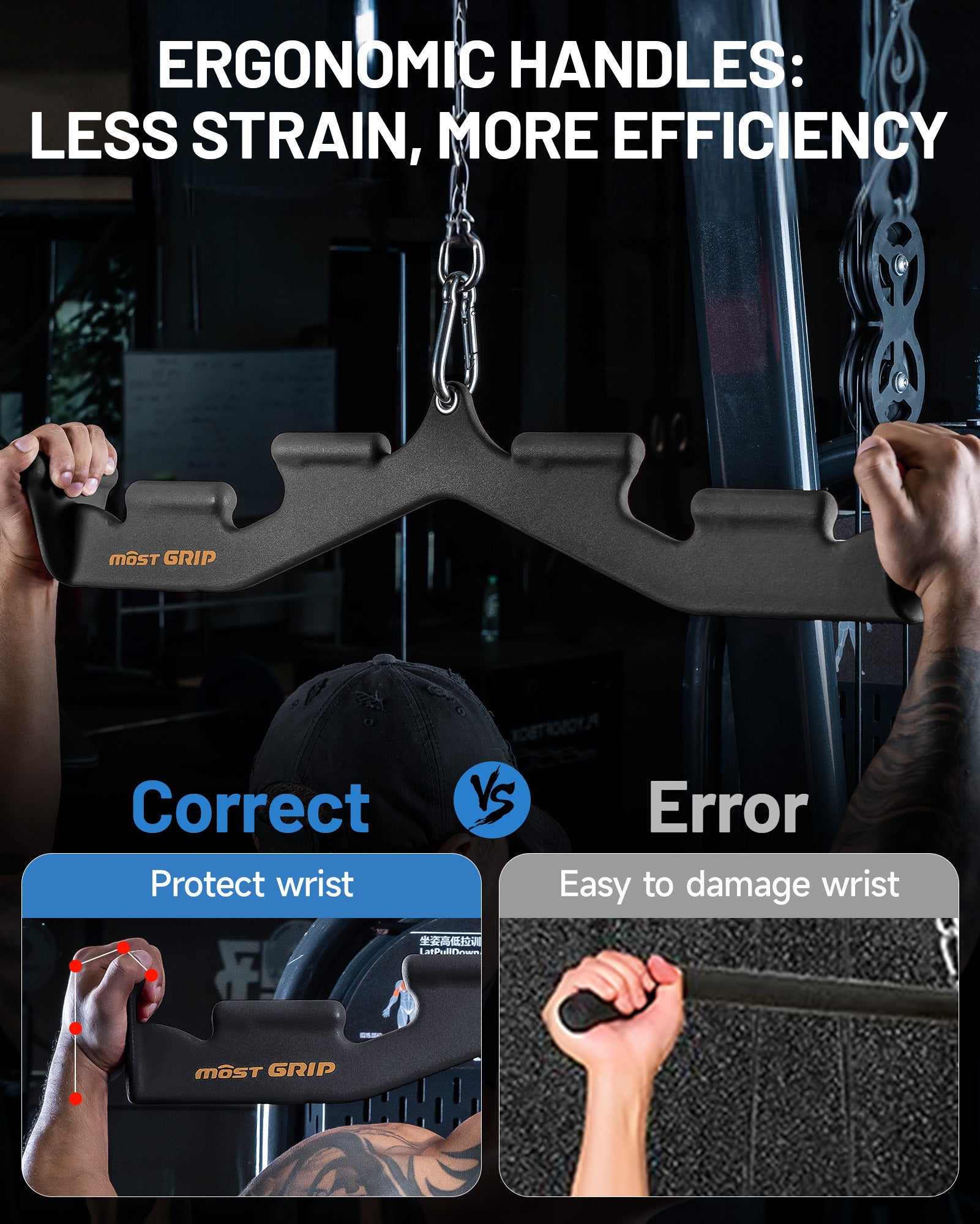 MOST GRIP Multi-Grip LAT Pulldown Bar – Ergonomic Handles, Heavy-Duty Back Training Attachment